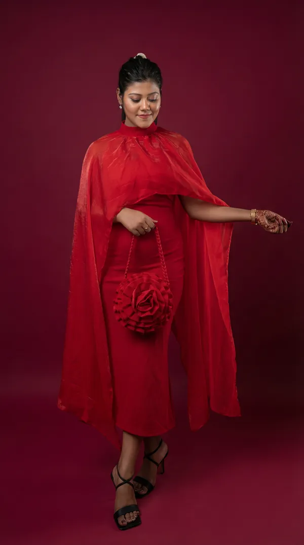 Radiant_Crimson_Red_Slip_Dress_with_Versatile_Styling_Wrap|_Model_Height_5.8inch_,_Fabric_All_Way_Stretchable
