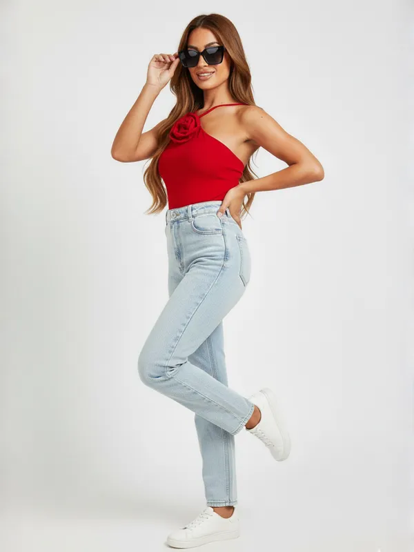 Red_Rose_Applique_One-Shoulder_Top_For_Women|_Model_Height_5.8inch_,_Fabric_All_Way_Stretchable