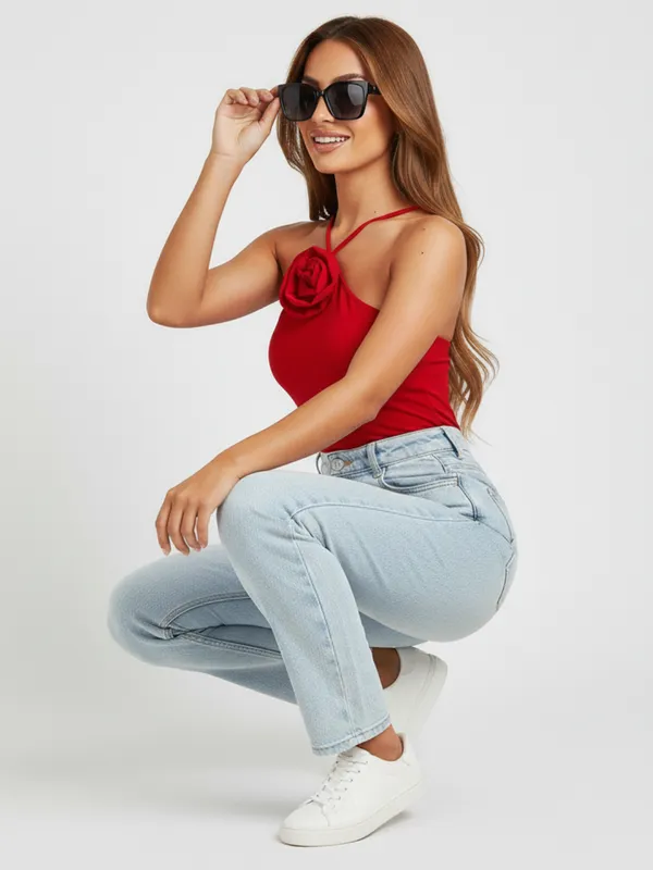 Red_Rose_Applique_One-Shoulder_Top_For_Women|_Model_Height_5.8inch_,_Fabric_All_Way_Stretchable