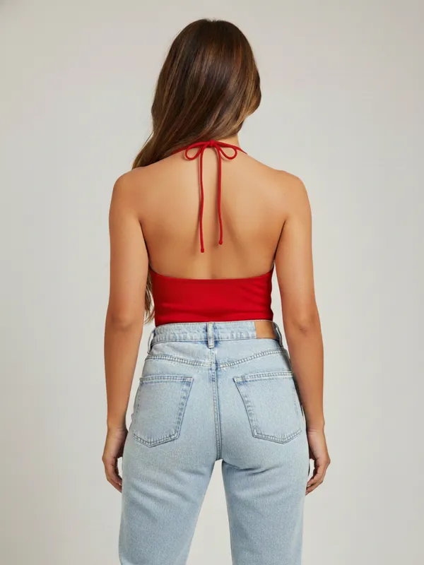 Red_Rose_Applique_One-Shoulder_Top_For_Women|_Model_Height_5.8inch_,_Fabric_All_Way_Stretchable