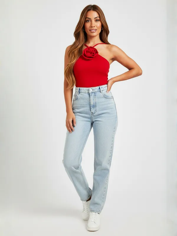 Red_Rose_Applique_One-Shoulder_Top_For_Women|_Model_Height_5.8inch_,_Fabric_All_Way_Stretchable