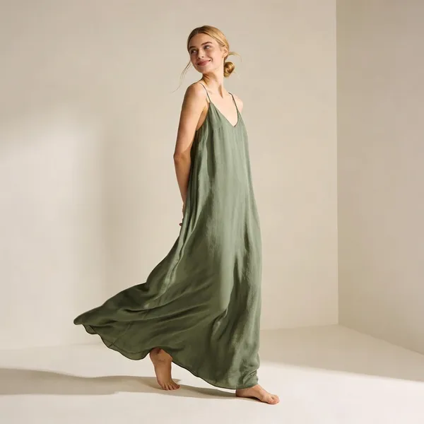 Olive_Breeze_Maxi_Slip_Dress|_Model_Height_5.8inch_,_Fabric_All_Way_Stretchable