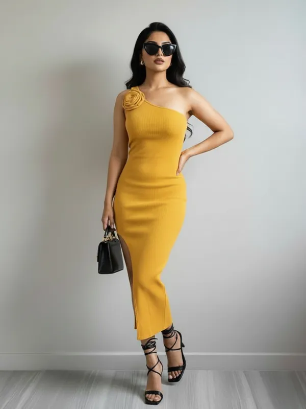 Mustard_Yellow_One_Shoulder_Bodycon_Dress_For_Women