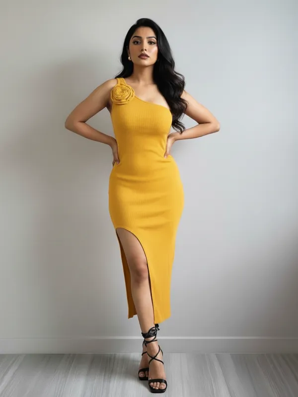 Mustard_Yellow_One_Shoulder_Bodycon_Dress_For_Women