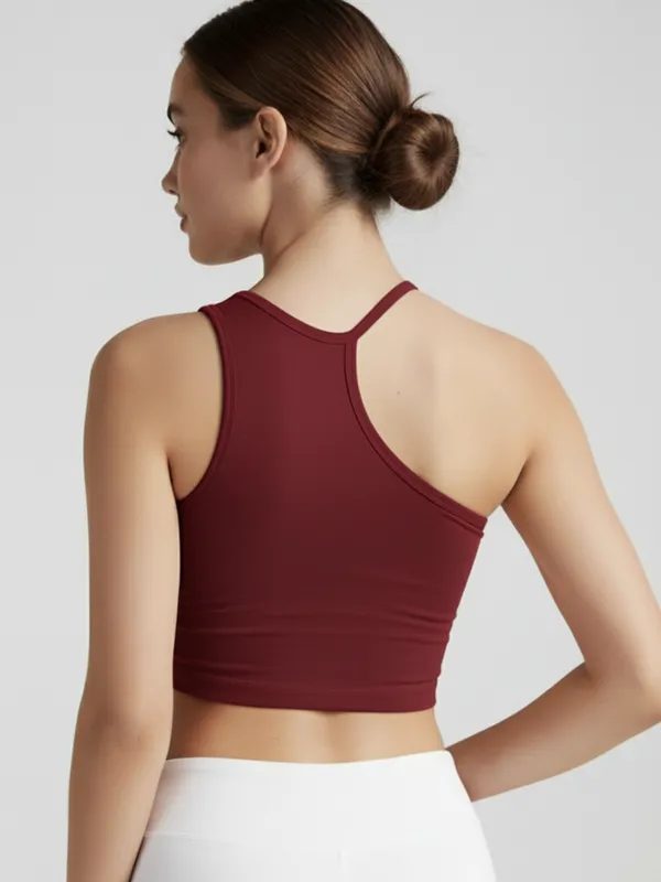 Ekeshwara_Women's_Maroon_One-Shoulder_Asymmetric_Crop_Top|_Model_Height_5.8inch_,_Fabric_All_Way_Stretchable