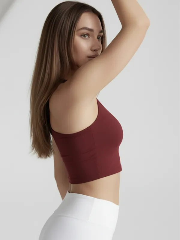 Ekeshwara_Women's_Maroon_One-Shoulder_Asymmetric_Crop_Top|_Model_Height_5.8inch_,_Fabric_All_Way_Stretchable
