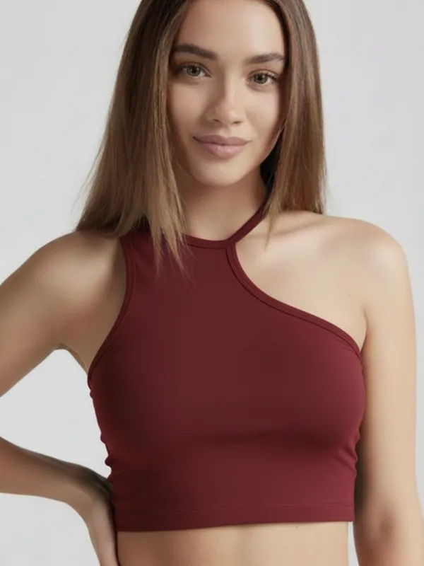 Ekeshwara_Women's_Maroon_One-Shoulder_Asymmetric_Crop_Top|_Model_Height_5.8inch_,_Fabric_All_Way_Stretchable