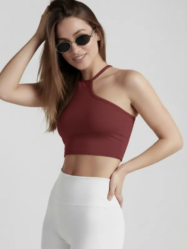 Ekeshwara_Women's_Maroon_One-Shoulder_Asymmetric_Crop_Top|_Model_Height_5.8inch_,_Fabric_All_Way_Stretchable