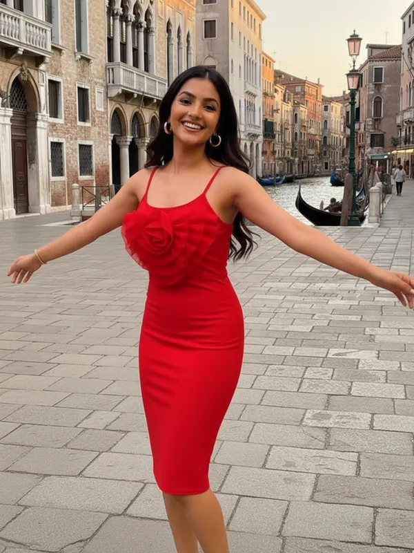 Red_Layered_Rosette_Bodycon_Dress_with_Spaghetti_Straps|_Model_Height_5.8inch_,_Fabric_All_Way_Stretchable