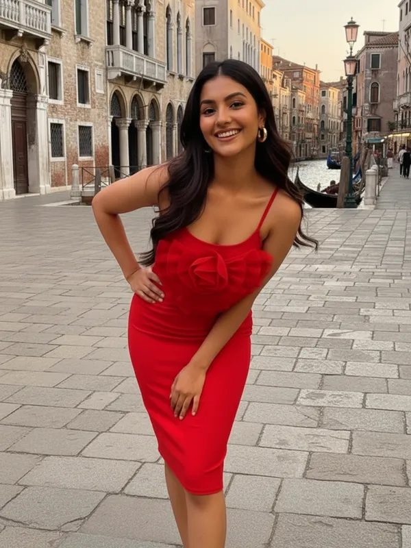 Red_Layered_Rosette_Bodycon_Dress_with_Spaghetti_Straps|_Model_Height_5.8inch_,_Fabric_All_Way_Stretchable