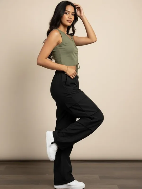 Olive_Top_And_Cargo_Pant_For_Casual_Wear_For_Aligned_Look_With_This_Top_&_Bottom_For_Women|_Model_Height_5.8inch_,_Fabric_All_Way_Stretchable