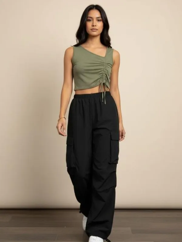 Olive_Top_And_Cargo_Pant_For_Casual_Wear_For_Aligned_Look_With_This_Top_&_Bottom_For_Women|_Model_Height_5.8inch_,_Fabric_All_Way_Stretchable