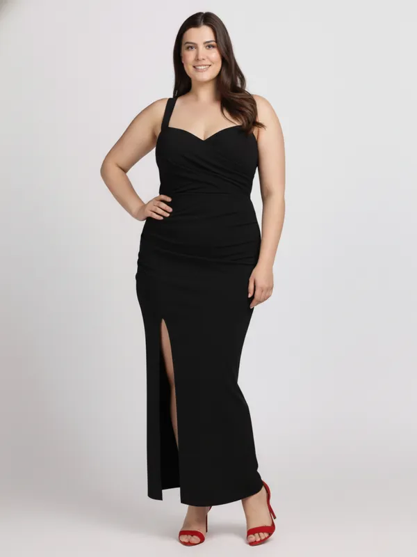 Ekeshwara_Plus_Size_Black_Sweetheart_Slit_Gown|_Model_Height_5.8inch_,_Fabric_All_Way_Stretchable