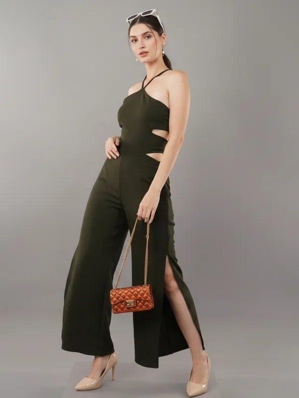 Olive_Sleeveless_Cutout_Halter_Jumpsuit_For_Women|_Model_Height_5.8inch_,_Fabric_All_Way_Stretchable