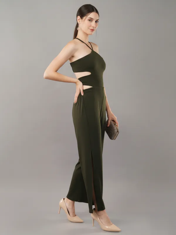 Olive_Sleeveless_Cutout_Halter_Jumpsuit_For_Women|_Model_Height_5.8inch_,_Fabric_All_Way_Stretchable