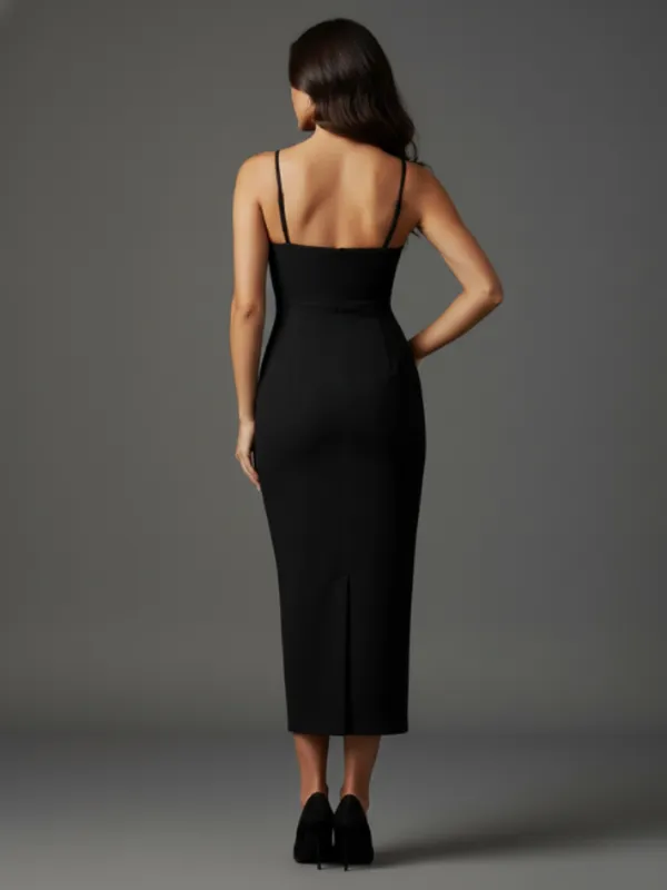 Black_Bodycon_Midi_Dress_with_Red_3D_Floral_Appliqu?|_Model_Height_5.8inch_,_Fabric_All_Way_Stretchable