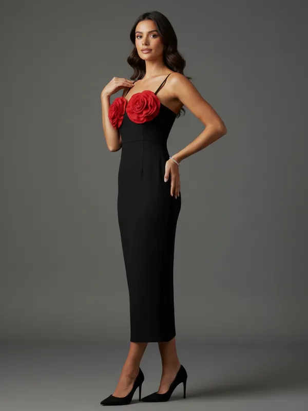 Black_Bodycon_Midi_Dress_with_Red_3D_Floral_Appliqu?|_Model_Height_5.8inch_,_Fabric_All_Way_Stretchable