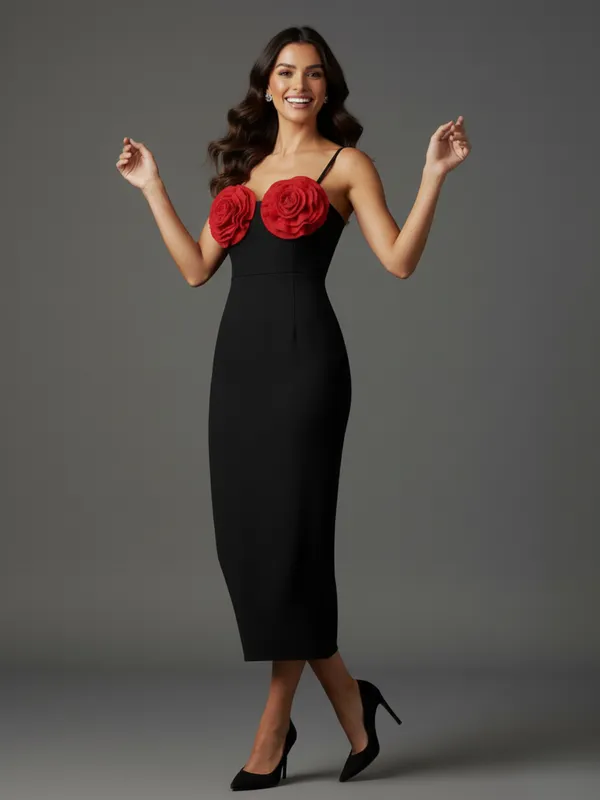 Black_Bodycon_Midi_Dress_with_Red_3D_Floral_Appliqu?|_Model_Height_5.8inch_,_Fabric_All_Way_Stretchable
