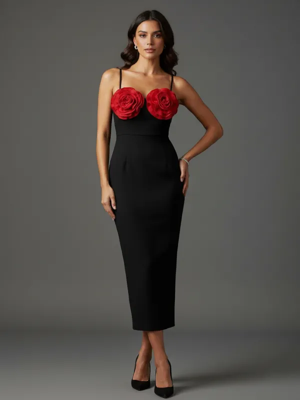 Black_Bodycon_Midi_Dress_with_Red_3D_Floral_Appliqu?|_Model_Height_5.8inch_,_Fabric_All_Way_Stretchable