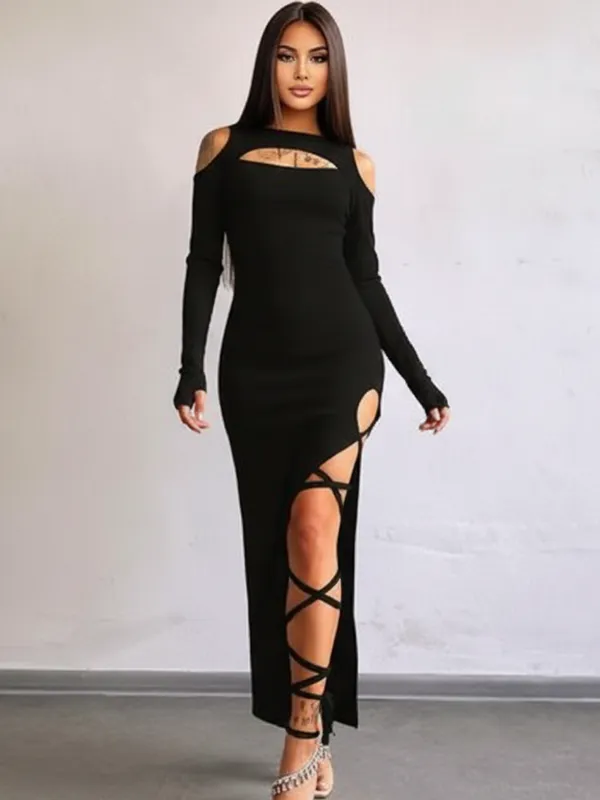 Black_Cocktail_Party_Wear_Dress_With_Side_Leg_Draping_Strips_With_Adorable_Look_For_Women|_Model_Height_5.8inch_,_Fabric_All_Way_Stretchable