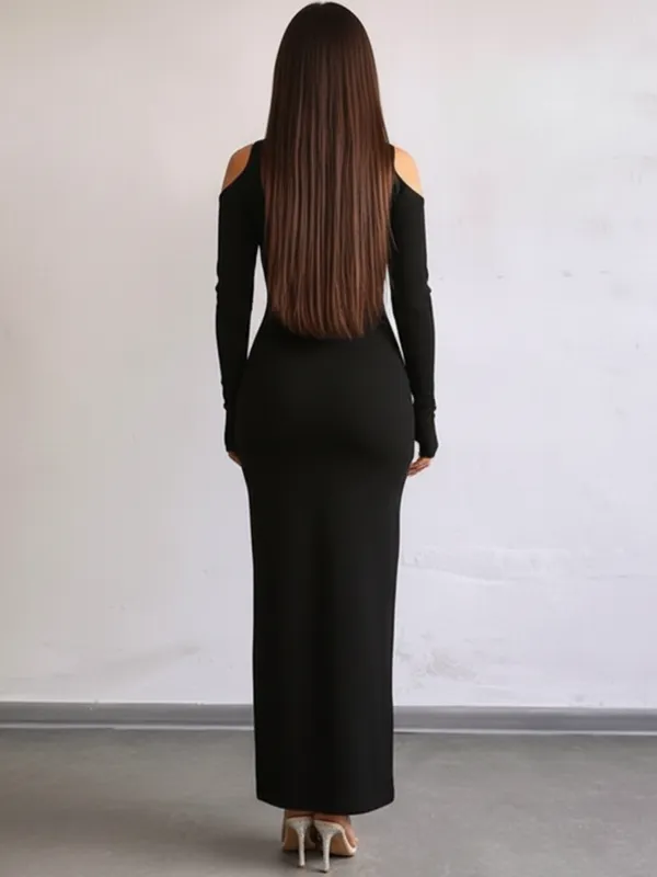 Black_Cocktail_Party_Wear_Dress_With_Side_Leg_Draping_Strips_With_Adorable_Look_For_Women|_Model_Height_5.8inch_,_Fabric_All_Way_Stretchable