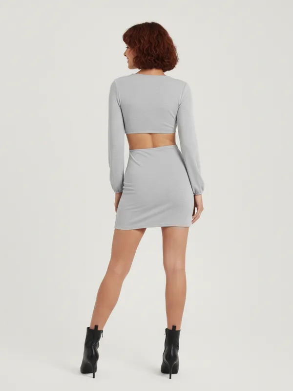 Grey_Long_Sleeve_Mini_Dress_With_Front_Ring_Cut-Out_For_Women|_Model_Height_5.8inch_,_Fabric_All_Way_Stretchable