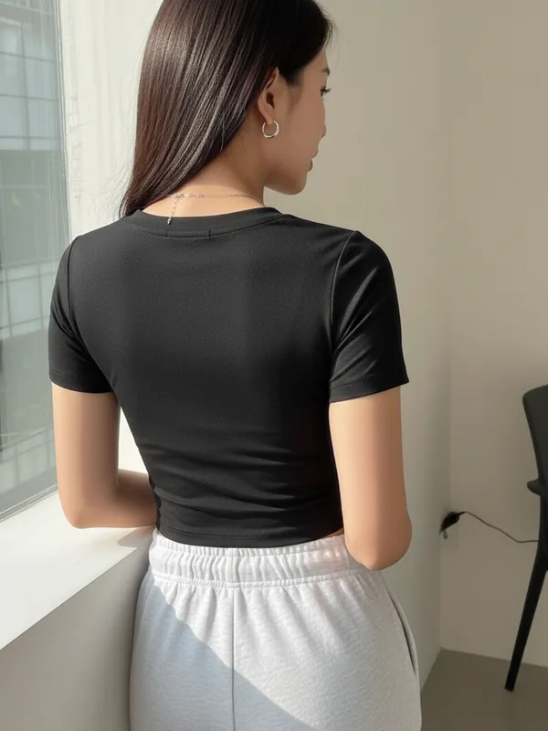 Ekeshwara_Black_Ribbed_V-Neck_Crop_Top|_Model_Height_5.8inch_,_Fabric_All_Way_Stretchable