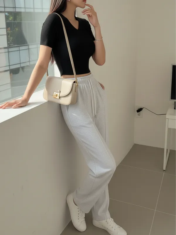 Ekeshwara_Black_Ribbed_V-Neck_Crop_Top|_Model_Height_5.8inch_,_Fabric_All_Way_Stretchable