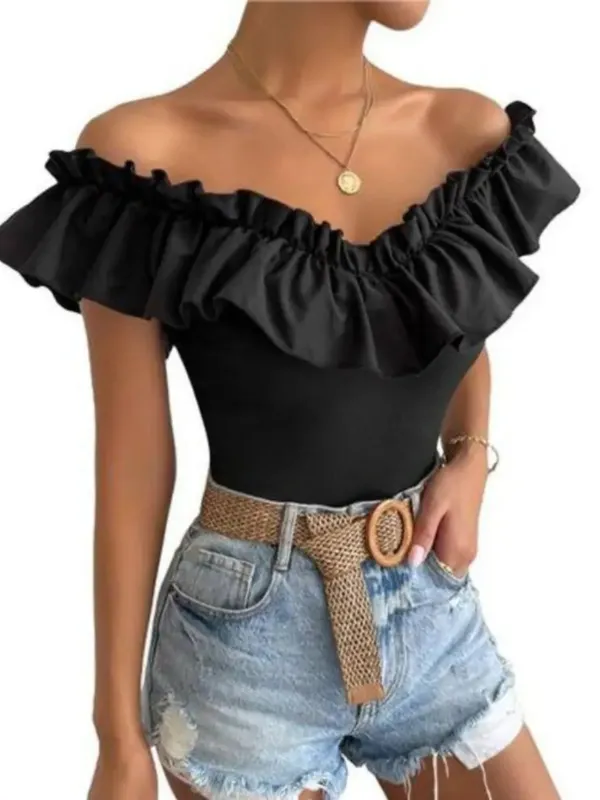 Women's_Black_Off-Shoulder_Ruffle_Bardot_Top|_Model_Height_5.8inch_,_Fabric_All_Way_Stretchable