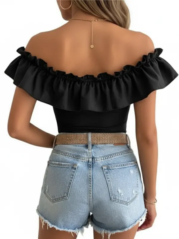 Women's_Black_Off-Shoulder_Ruffle_Bardot_Top|_Model_Height_5.8inch_,_Fabric_All_Way_Stretchable