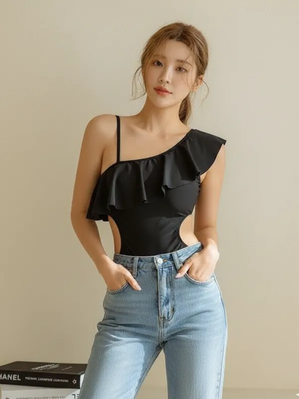 Women's_Black_One_Shoulder_Ruffle_Cut-Out_Bodysuit|_Model_Height_5.8inch_,_Fabric_All_Way_Stretchable