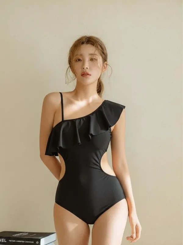 Women's_Black_One_Shoulder_Ruffle_Cut-Out_Bodysuit|_Model_Height_5.8inch_,_Fabric_All_Way_Stretchable