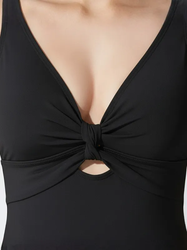 Women's_Black_Ribbed_Knot-Front_Bodysuit_with_Cut-Out|_Model_Height_5.8inch_,_Fabric_All_Way_Stretchable