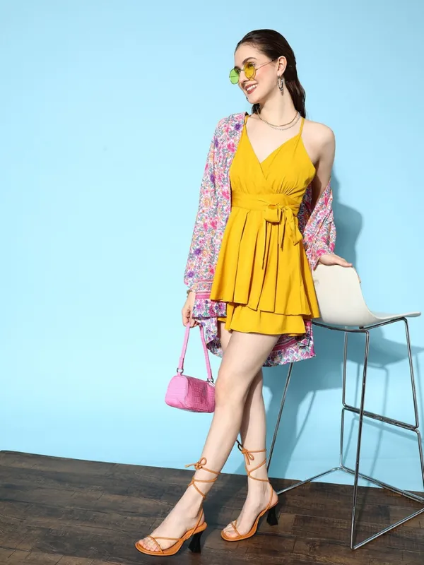 Women's_Mustard_Yellow_Layered_Crepe_Summer_Dress_with_Cross_Straps|_Model_Height_5.8inch_,_Fabric_All_Way_Stretchable