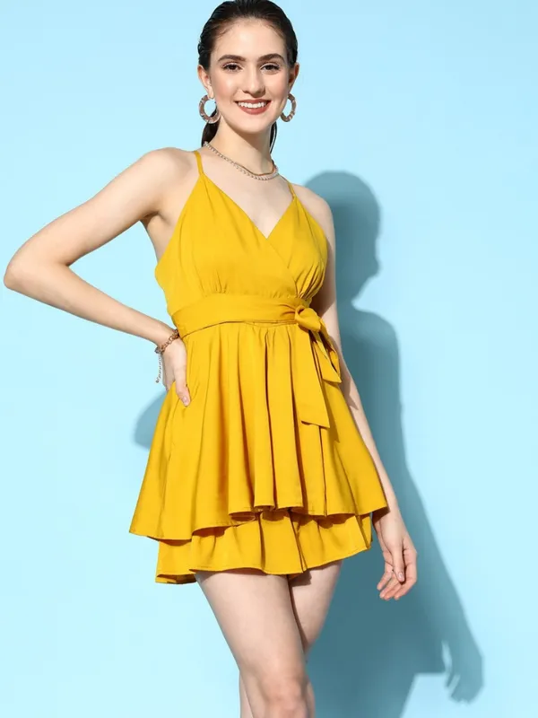 Women's_Mustard_Yellow_Layered_Crepe_Summer_Dress_with_Cross_Straps|_Model_Height_5.8inch_,_Fabric_All_Way_Stretchable