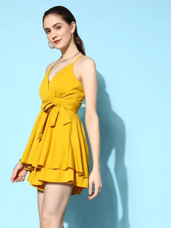 Women's_Mustard_Yellow_Layered_Crepe_Summer_Dress_with_Cross_Straps|_Model_Height_5.8inch_,_Fabric_All_Way_Stretchable
