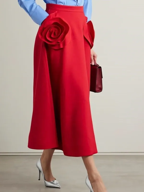 Women’s_Red_High-Rise_Midi_Skirt_with_Rose_Detail|_Model_Height_5.8inch,_Fabric_All_Way_Stretchable