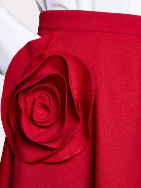 Women’s_Red_High-Rise_Midi_Skirt_with_Rose_Detail|_Model_Height_5.8inch,_Fabric_All_Way_Stretchable