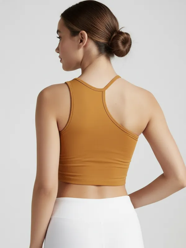 Mustard_Yellow_One_Shoulder_Asymmetric_Crop_Top_For_Women|_Model_Height_5.8inch_,_Fabric_All_Way_Stretchable