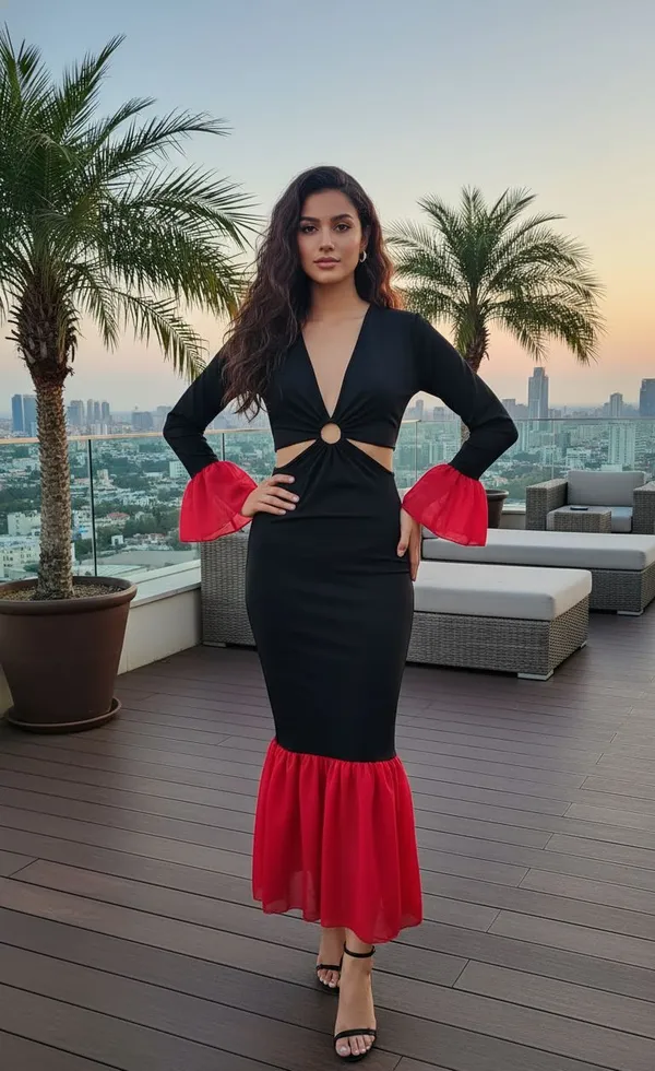 Ekeshwara_ring_style_black_bodycon_dress_style_with_fandy_silk_red_frill|_Model_Height_5.8inch_,_Fabric_All_Way_Stretchable
