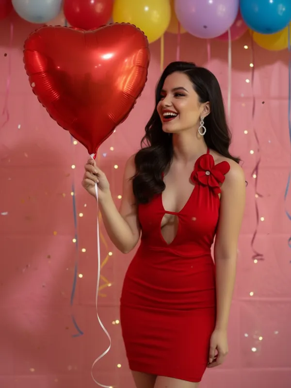 Red_Keyhole_Bodycon_Mini_Dress_With_Floral_Shoulder_Accent_For_Women|_Model_Height_5.8inch_,_Fabric_All_Way_Stretchable