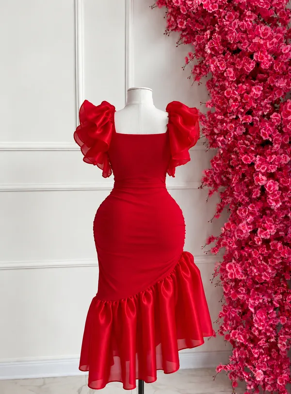 Ekeshwara_Red_Bodycon_Midi_Dress_with_Dramatic_Floral_Applique|_Model_Height_5.8inch_,_Fabric_All_Way_Stretchable