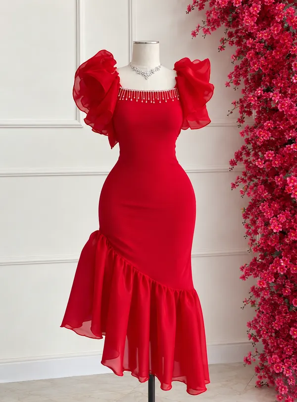 Ekeshwara_Red_Bodycon_Midi_Dress_with_Dramatic_Floral_Applique|_Model_Height_5.8inch_,_Fabric_All_Way_Stretchable