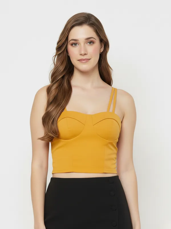 Mustard_Yellow_Bustier_Crop_Top_With_Double_Strap_Detail_For_Women|_Model_Height_5.8inch_,_Fabric_All_Way_Stretchable