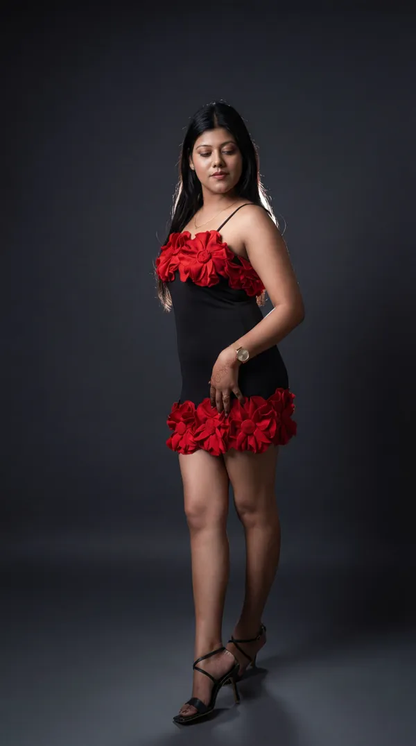 Statement_3D_Red_Floral_Embellished_Black_Bodycon_Mini_Dress|_Model_Height_5.8inch_,_Fabric_All_Way_Stretchable
