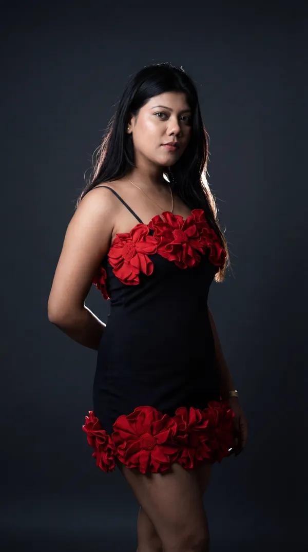 Statement_3D_Red_Floral_Embellished_Black_Bodycon_Mini_Dress|_Model_Height_5.8inch_,_Fabric_All_Way_Stretchable