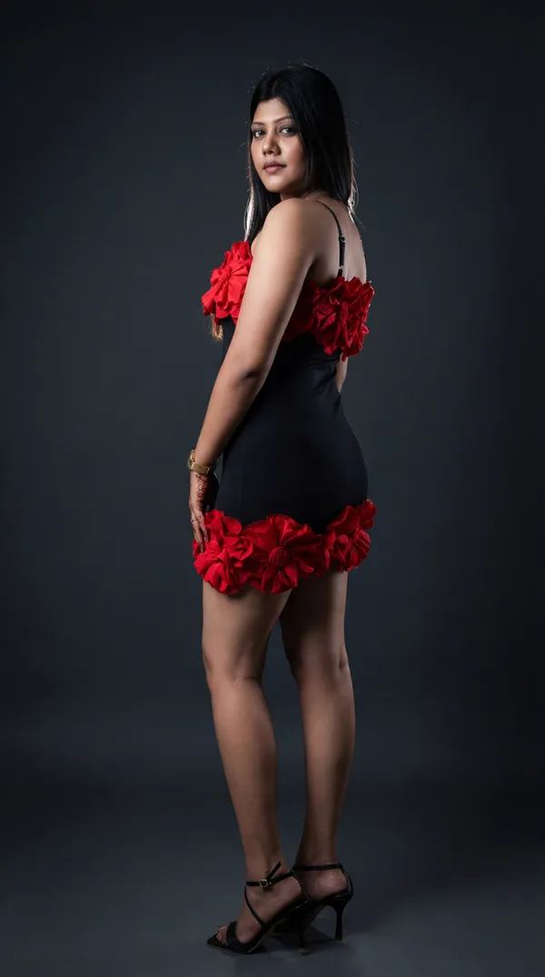 Statement_3D_Red_Floral_Embellished_Black_Bodycon_Mini_Dress|_Model_Height_5.8inch_,_Fabric_All_Way_Stretchable