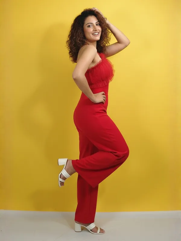 Red_Colour_Frill_Jumpsuit_For_Office_Women_For_Women|_Model_Height_5.8inch_,_Fabric_All_Way_Stretchable