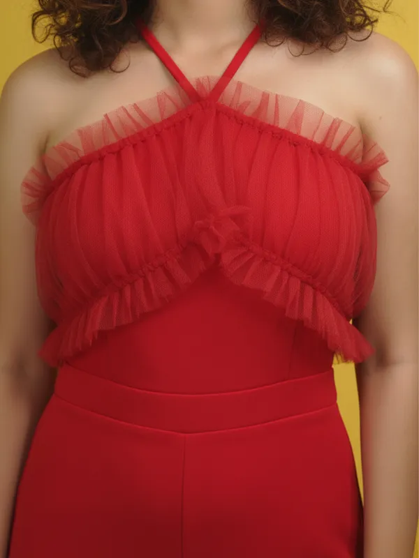 Red_Colour_Frill_Jumpsuit_For_Office_Women_For_Women|_Model_Height_5.8inch_,_Fabric_All_Way_Stretchable