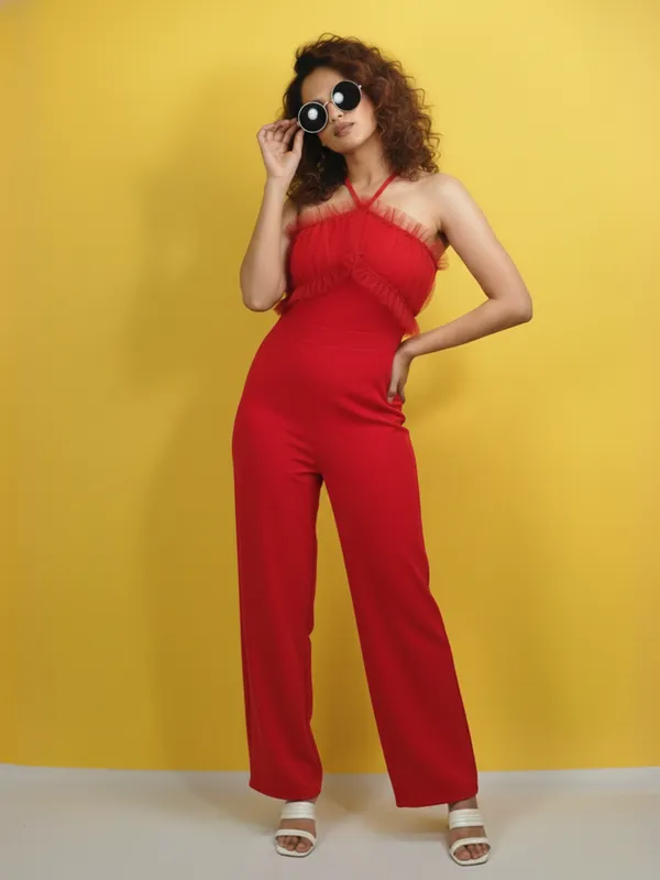 Red_Colour_Frill_Jumpsuit_For_Office_Women_For_Women|_Model_Height_5.8inch_,_Fabric_All_Way_Stretchable